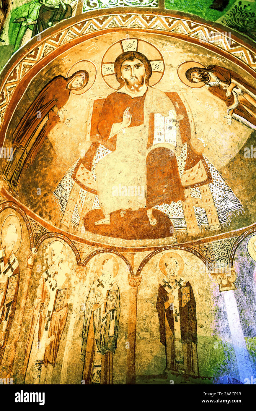 Painting of Christ Pantocrator in Cave church in the Carikli Church, Church of Sandals at Goreme Open Air Museum. Cappadocia, Central Anatolia, Turkey Stock Photo