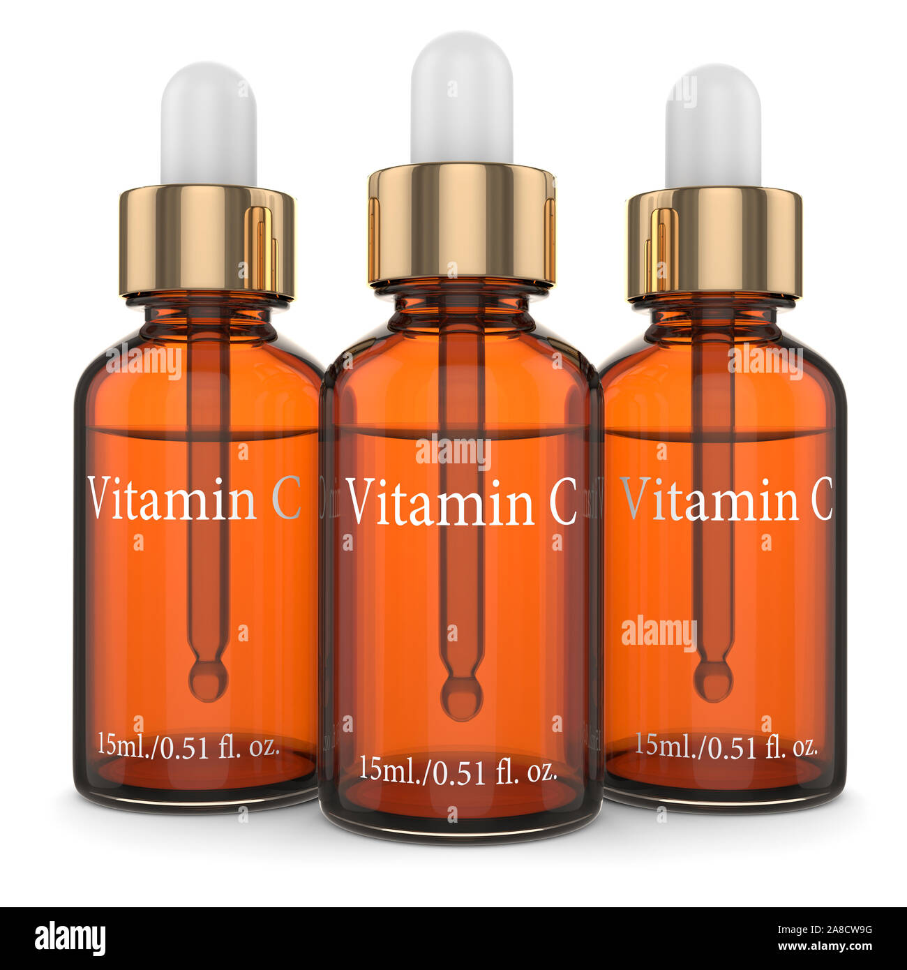 3d render of vitamin C bottles with dropper over white background Stock