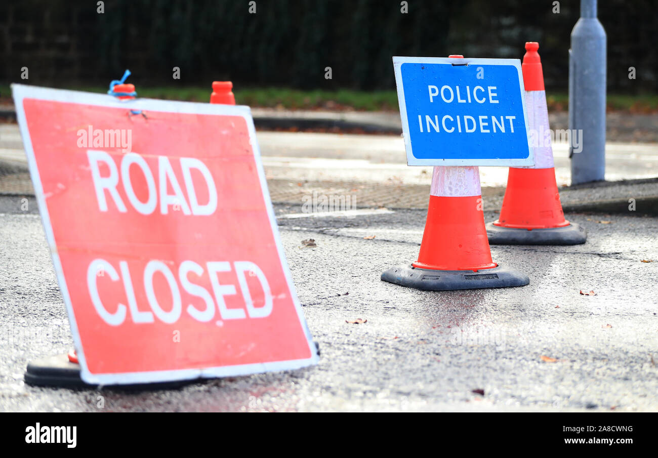 Road closures near to Bank End Close, Mansfield, after a mudslide forced the evacuation of residents. PA Photo. Picture date: Friday November 8, 2019. Parts of England endured a month's worth of rain in 24 hours, with scores of people rescued or forced to evacuate their homes, others stranded overnight in a shopping centre, and travel plans thrown into chaos. See PA story WEATHER Rain. Photo credit should read: Simon Cooper/PA Wire Stock Photo