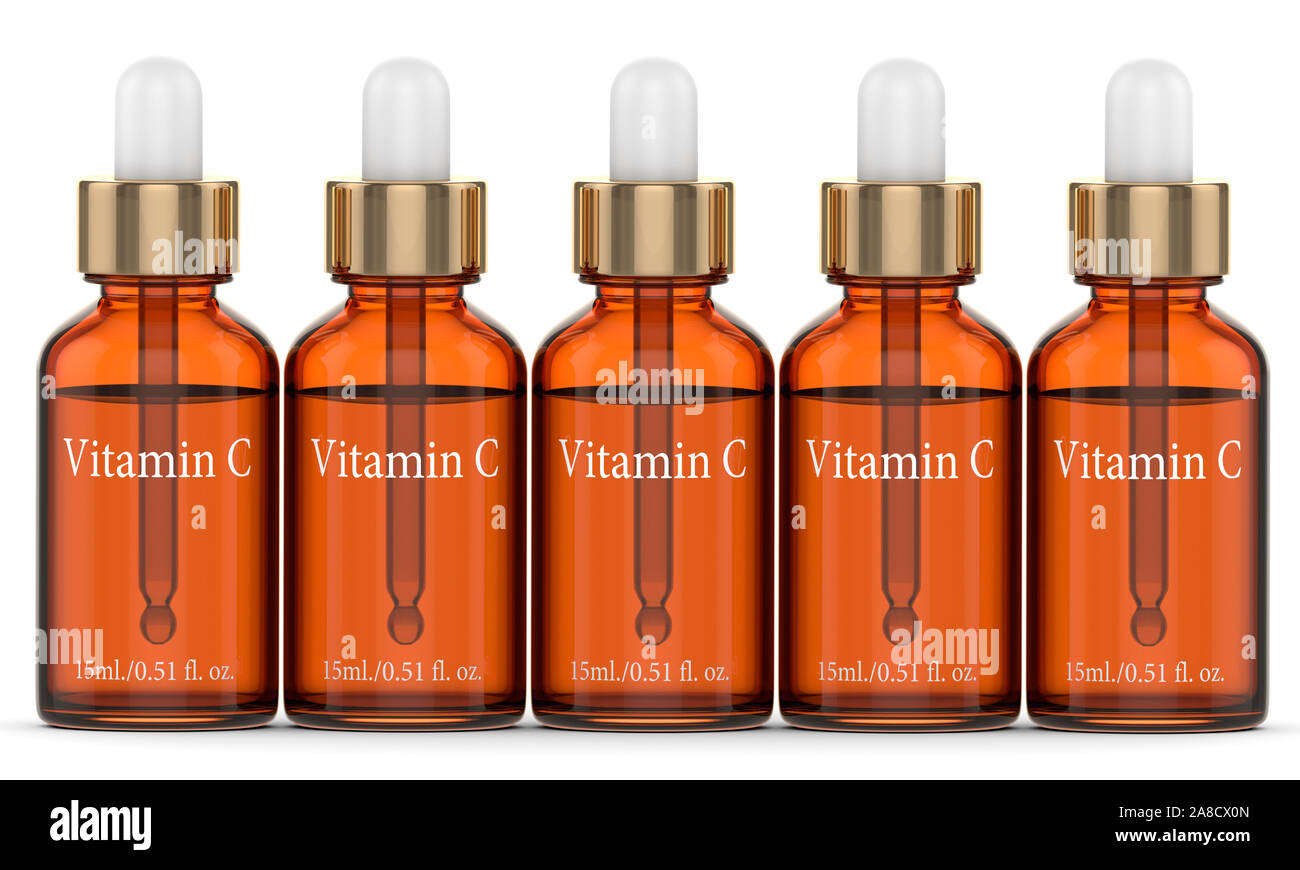 3d render of vitamin C bottles with dropper over white background Stock
