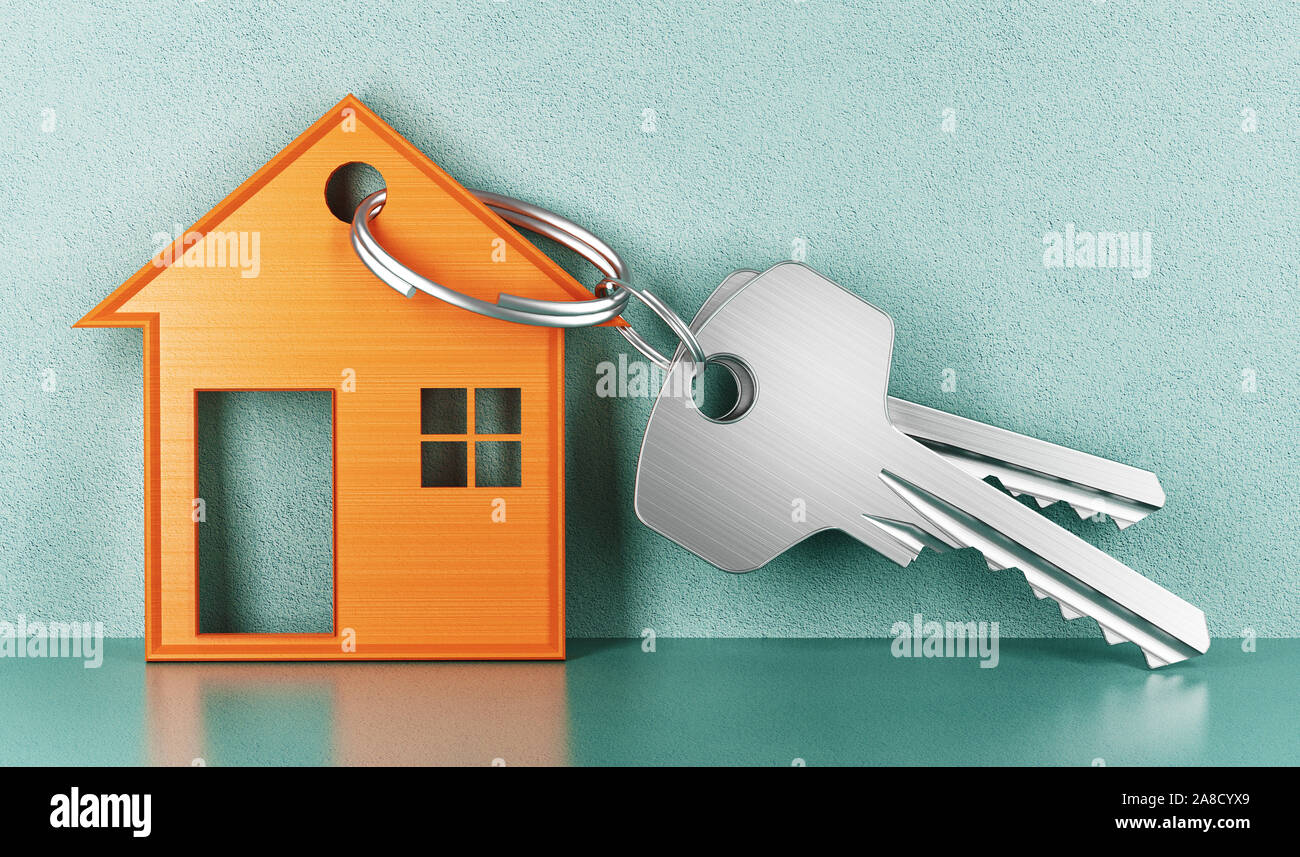 Mortgage, investment, real estate and property concept - close up of house keys. 3d rendering Stock Photo