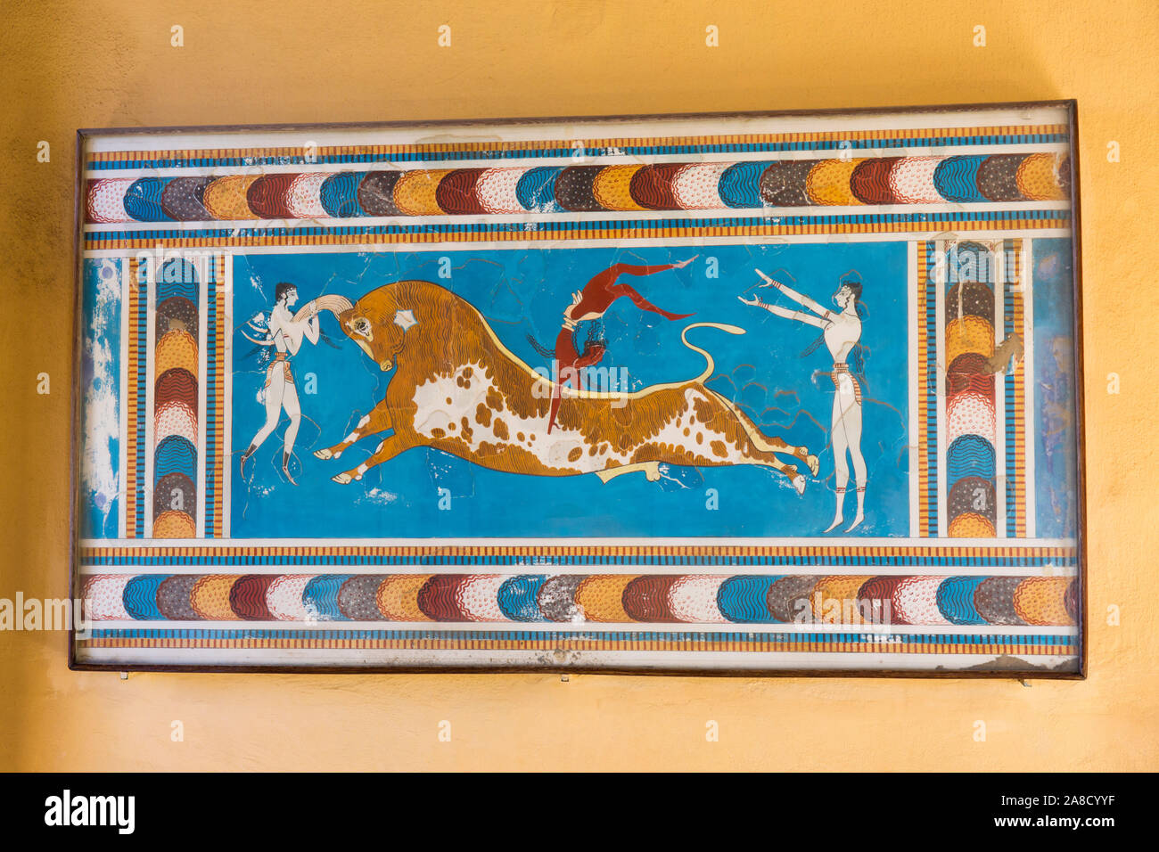 Heraklion, Crete, Greece. Reproduction bull-leaping fresco at the Minoan Palace of Knossos. Stock Photo