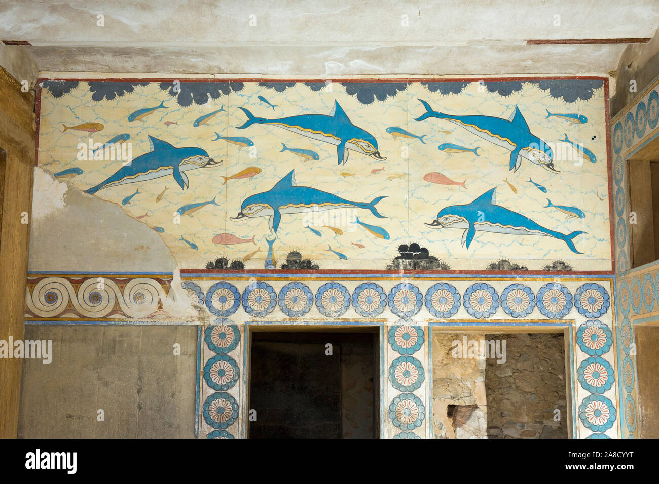 Heraklion, Crete, Greece. Reproduction dolphin fresco in the Queen's Megaron at the Minoan Palace of Knossos. Stock Photo