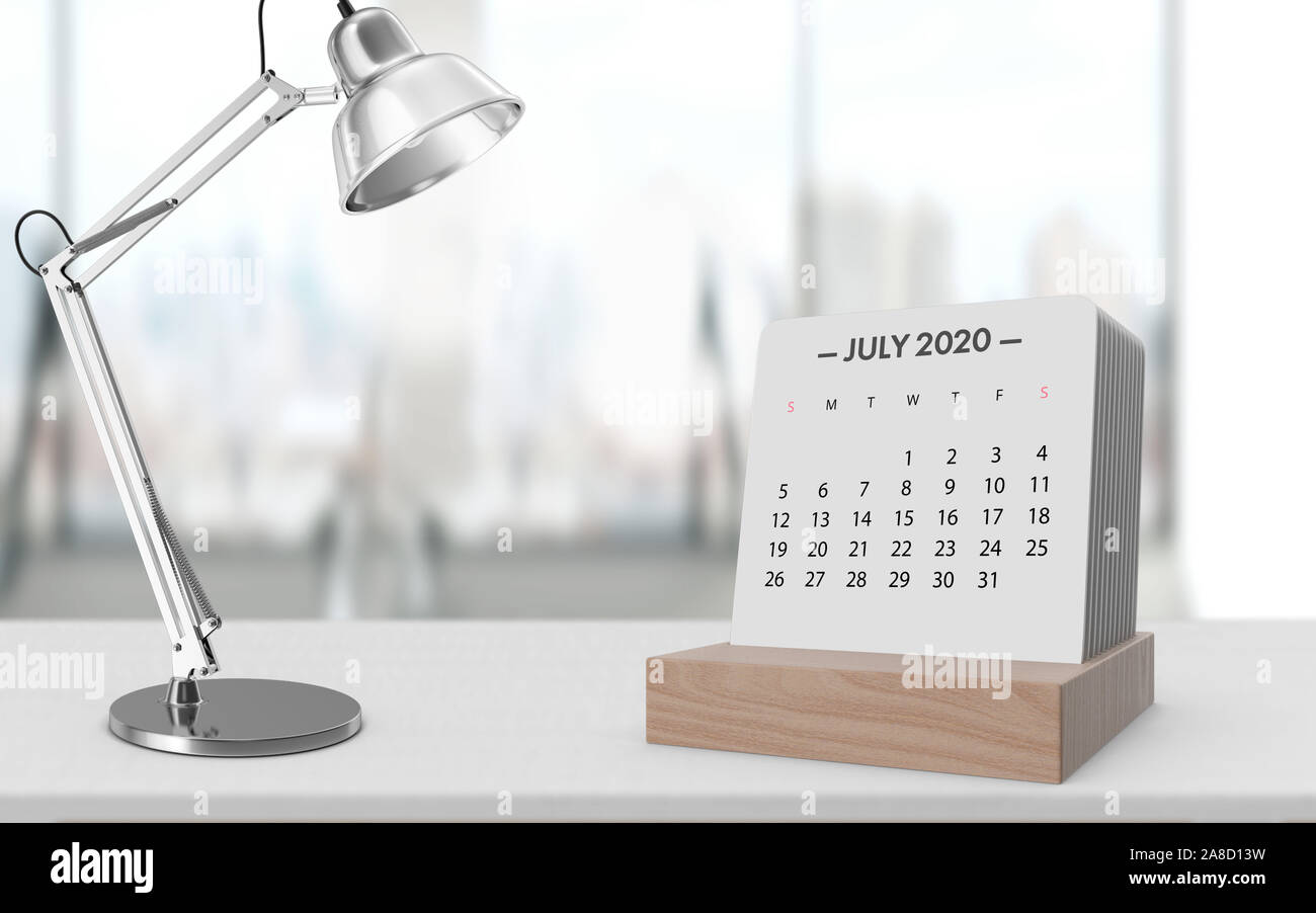 July 2020 Calendar On A White Wooden Table With Desk Lamp In Front Of Shiny Modern Office Background 3d Rendering Stock Photo Alamy