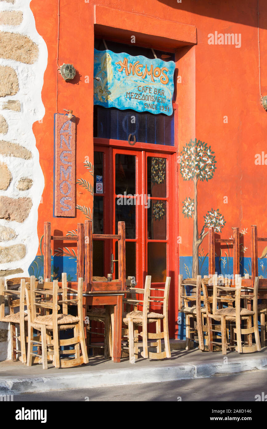 Palaiochora, Chania, Crete, Greece. Colourful café bar, early morning. Stock Photo