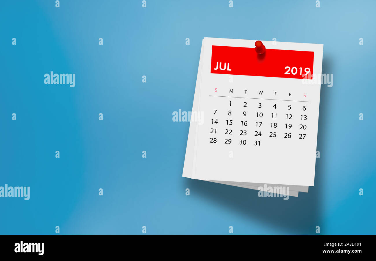 July 2019 calendar on a white note paper pinned on wall against ...