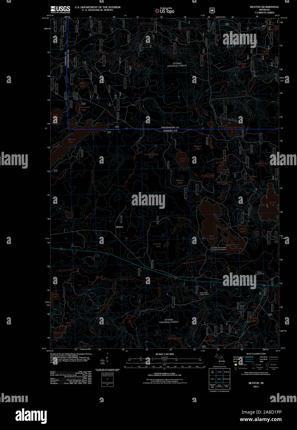 USGS TOPO Map Michigan MI Beaton 20110928 TM Inverted Stock Photo