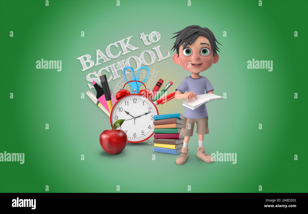 Cute little boy is in front of a Back To School text doodle with school ...