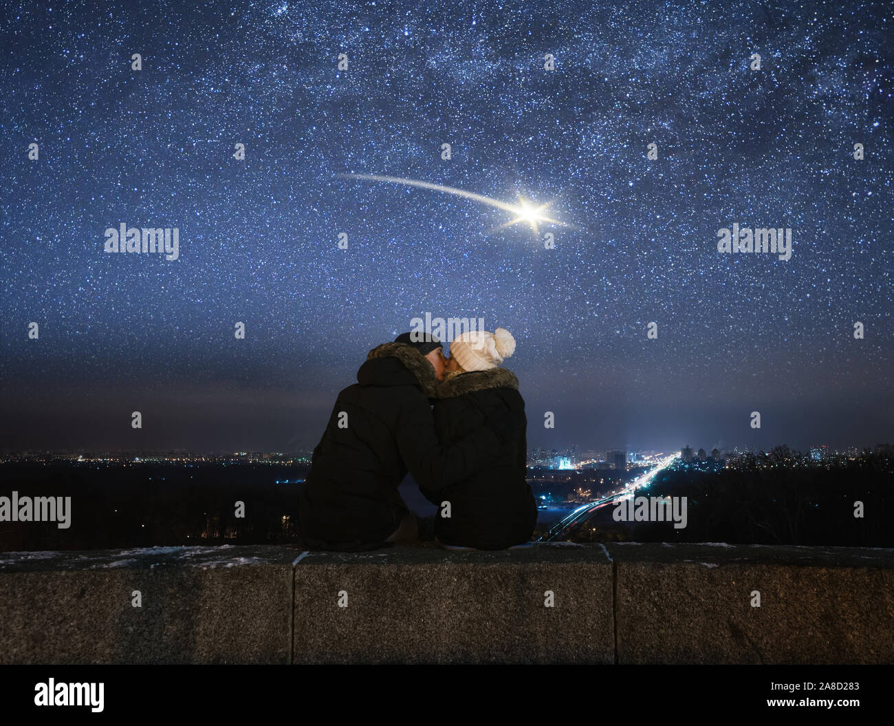 Romantic Evening Loving Couple Kissing Night In City Meteor In Night Sky Stock Photo Alamy