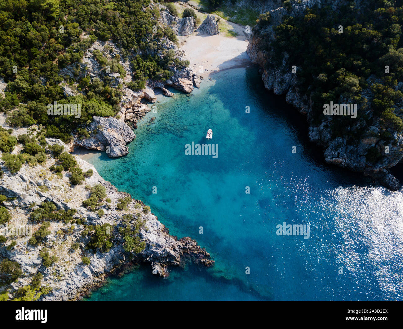 Aerial view of a secluded cove around Disibilmez Cape, Fethiye Turkey. Stock Photo
