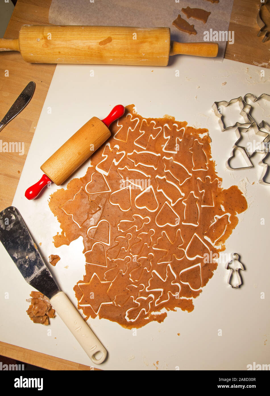 A gingerbread tray with rolling pin, molds and wheat flour. Photo Jeppe Gustafsson Stock Photo