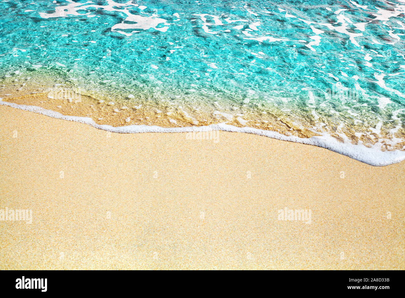 Blue sea wave, golden sand beach, turquoise ocean water close up, summer holidays border frame, vacation backdrop, travel banner design, copy space Stock Photo