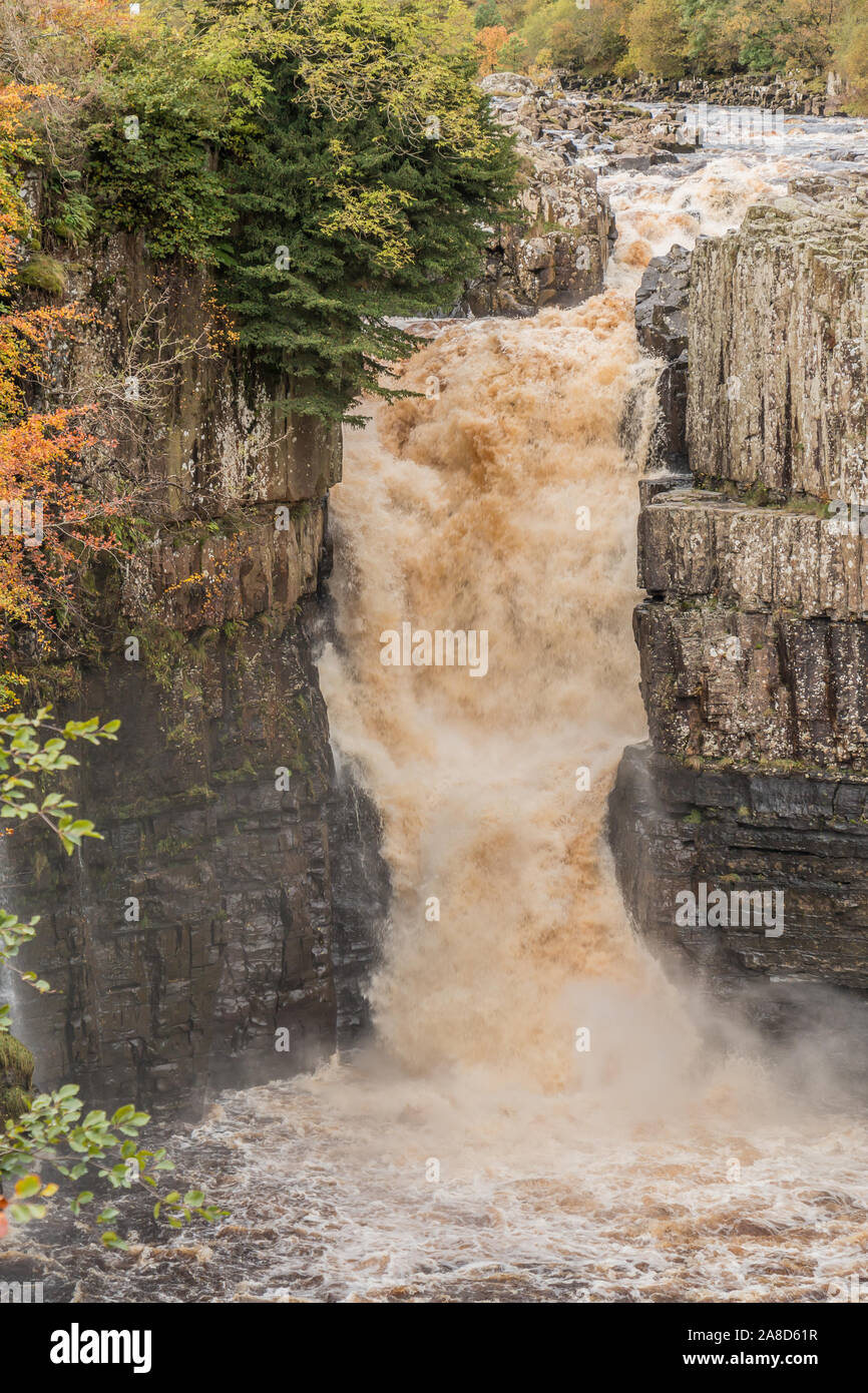 Closeup of High Force Waterfall, Upper Teesdale as seen from the Pennine Way long distance footpath Stock Photo