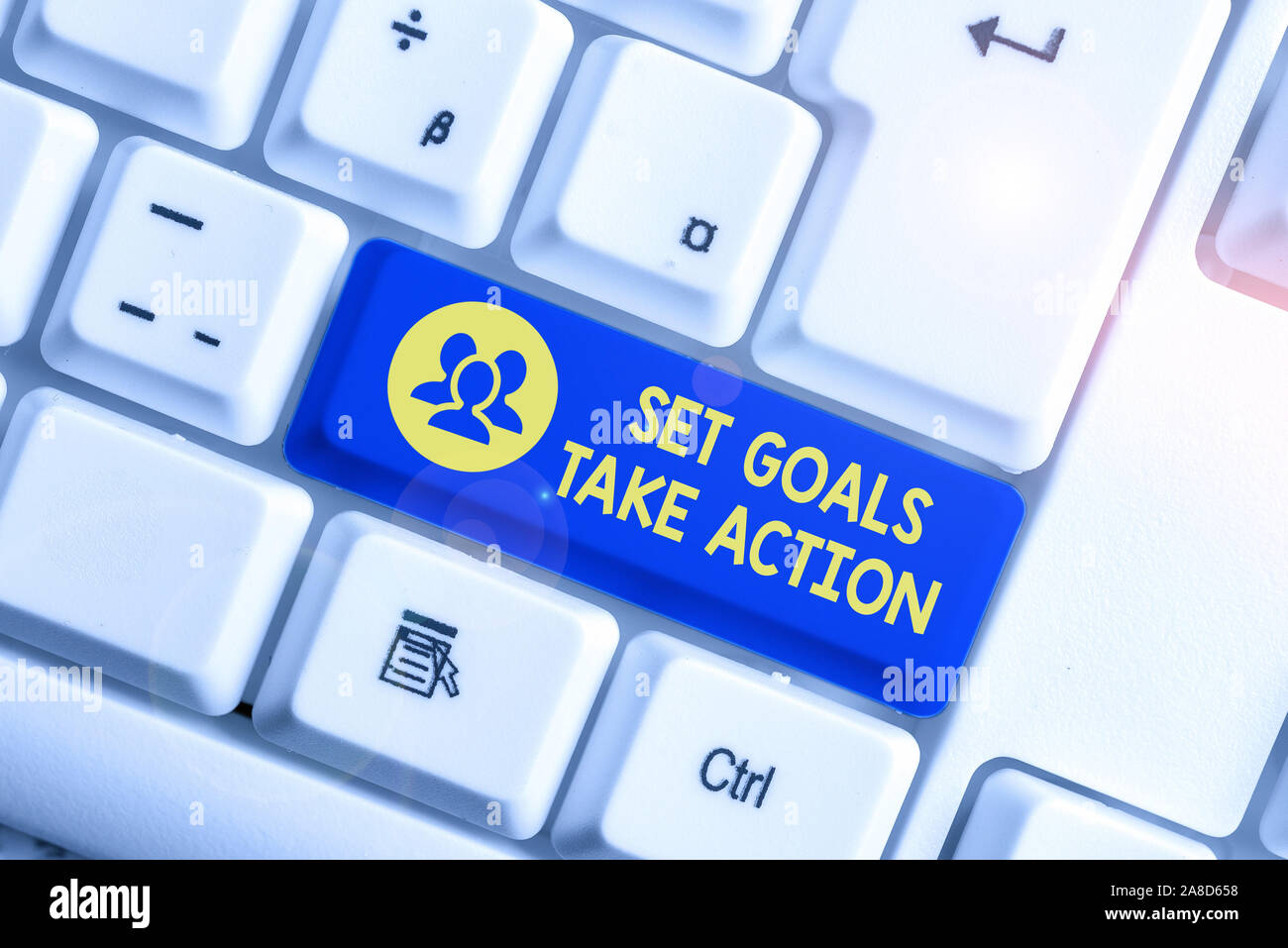 Handwriting text writing Set Goals Take Action. Conceptual photo Act on a specific and clearly laid out plans White pc keyboard with empty note paper Stock Photo