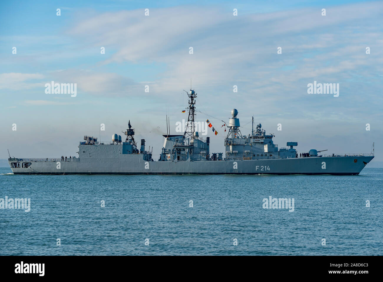 The German Navy (Bremen Class) frigate FGS Lubeck (F214) arriving at Portsmouth, UK on the morning of 8th November 2019 for a courtesy visit. Stock Photo