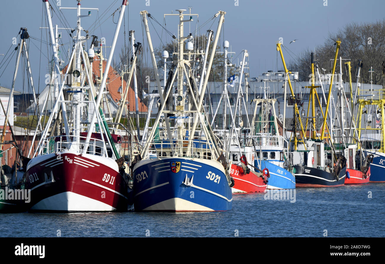 08 November 2019, Schleswig-Holstein, Büsum: Shrimp cutters are in port on a day of action. Under the motto 'Donations instead of selling away' numerous cutter fishermen took part in the campaign in favour of the DGzRS and protested against the current price for the crabs. Photo: Carsten Rehder/dpa Stock Photo