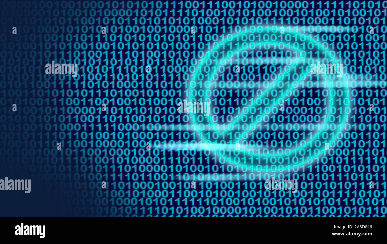 Data screen with ones and zeros including a digital logo standing on a ...
