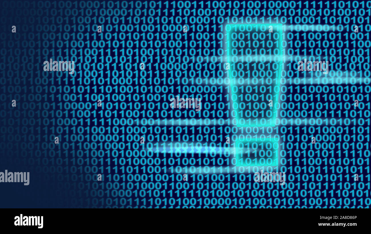 Data screen with ones and zeros including a digital logo standing on a ...
