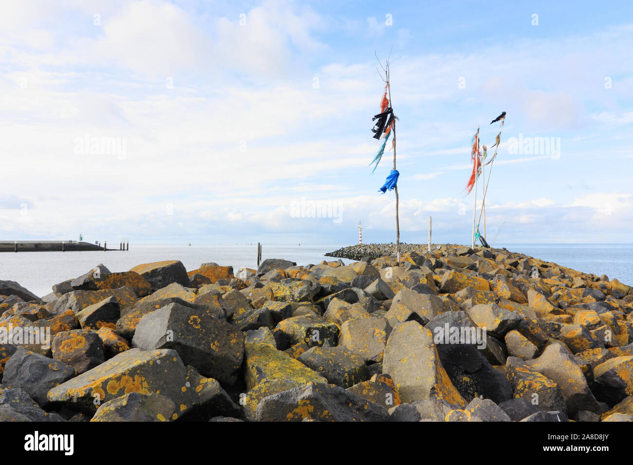 Poles with colored rope and plastic waving in the wind on breakwater or pier in the Wadden Sea at the entrance to the port of Harlingen The Netherland Stock Photo