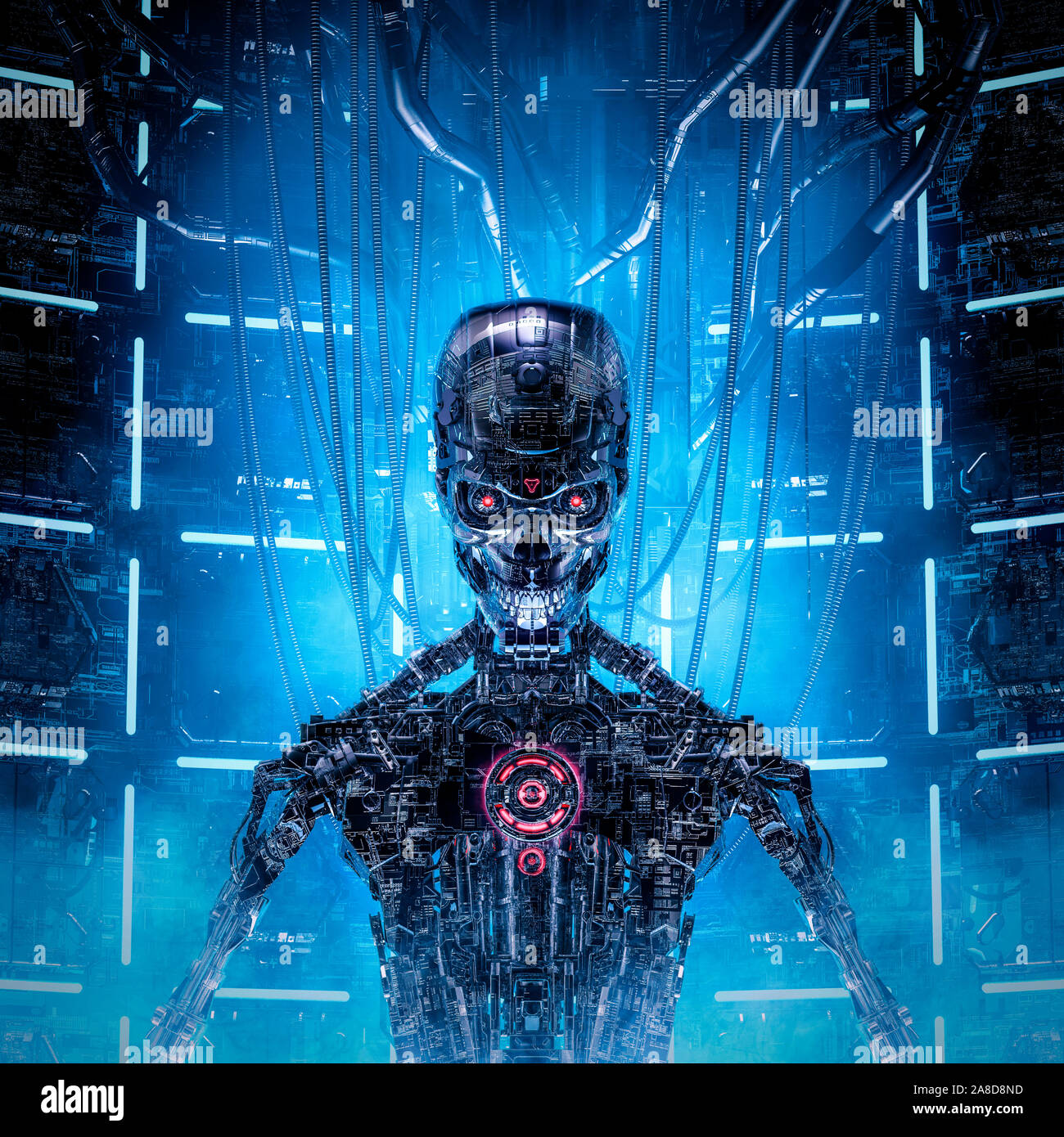 Deadly data core / 3D illustration of evil metallic science fiction ...