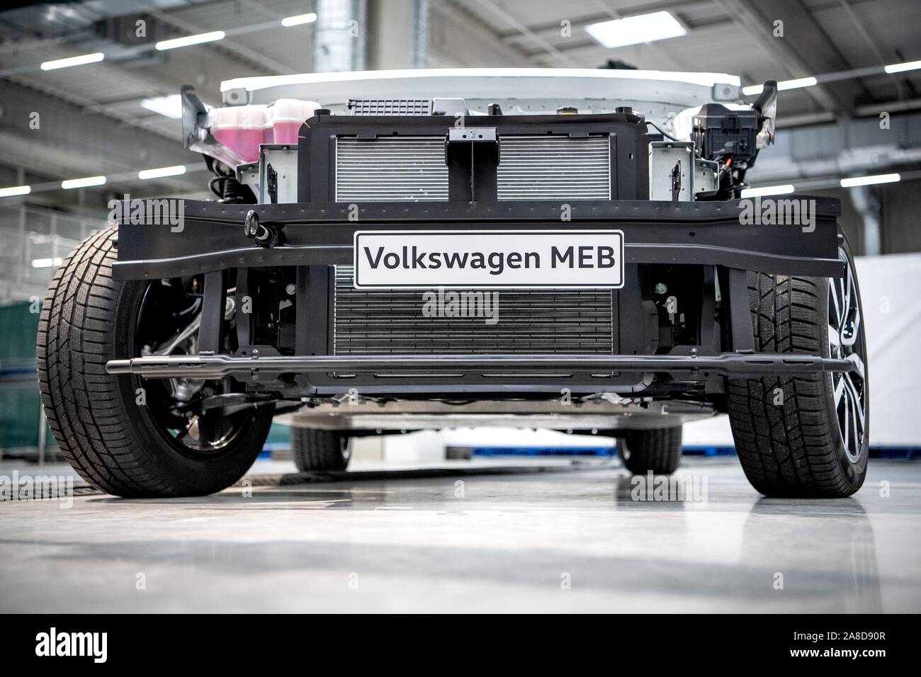 08 November 2019, Lower Saxony, Brunswick: The modular electrical  construction kit (MEB) from VW. Up to 500,000 battery systems are to be produced  annually at the new production plant in Braunschweig in