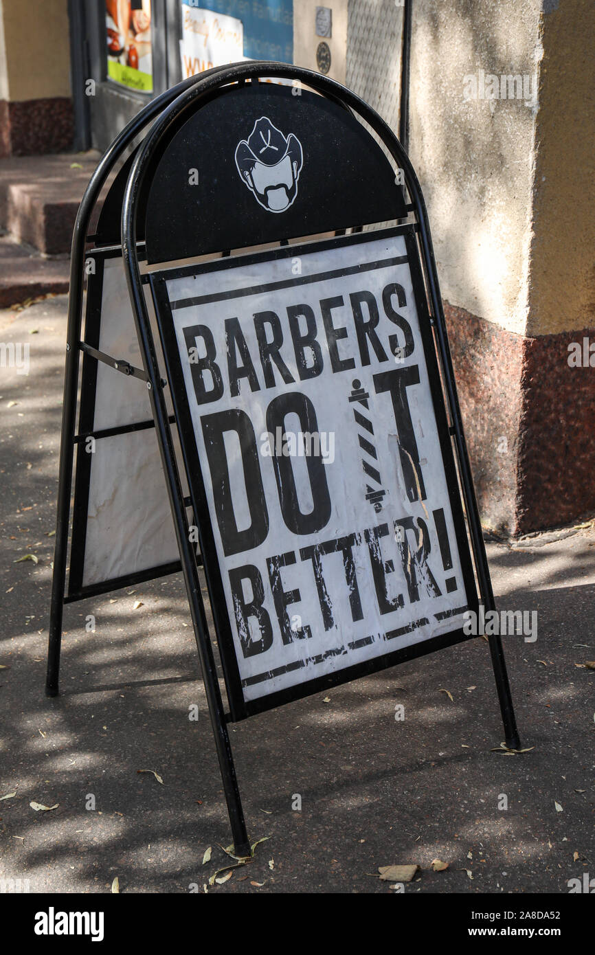 Sign in front of barbershop in Helsinki, Finland Stock Photo