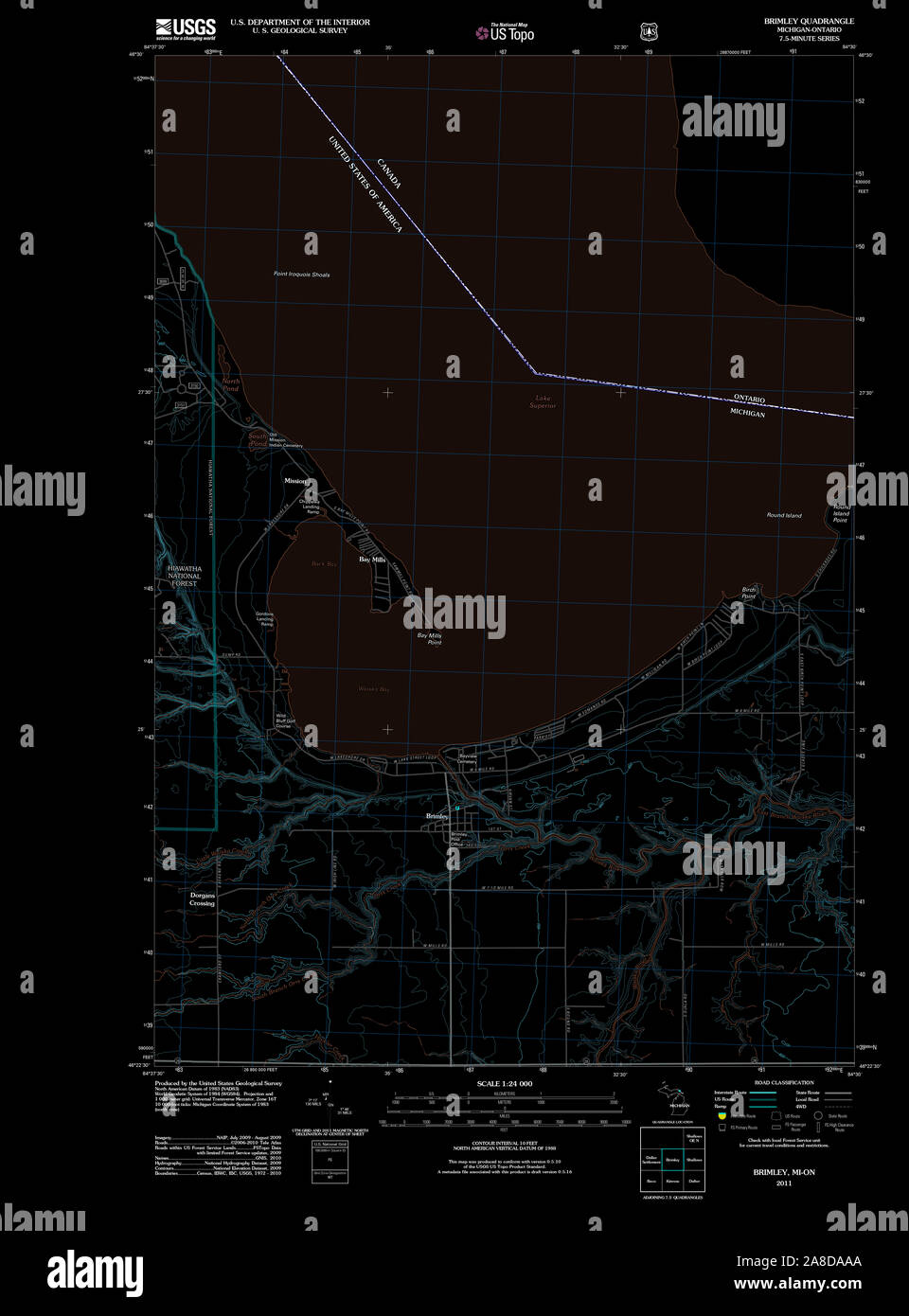 USGS TOPO Map Michigan MI Brimley 20111110 TM Inverted Stock Photo - Alamy