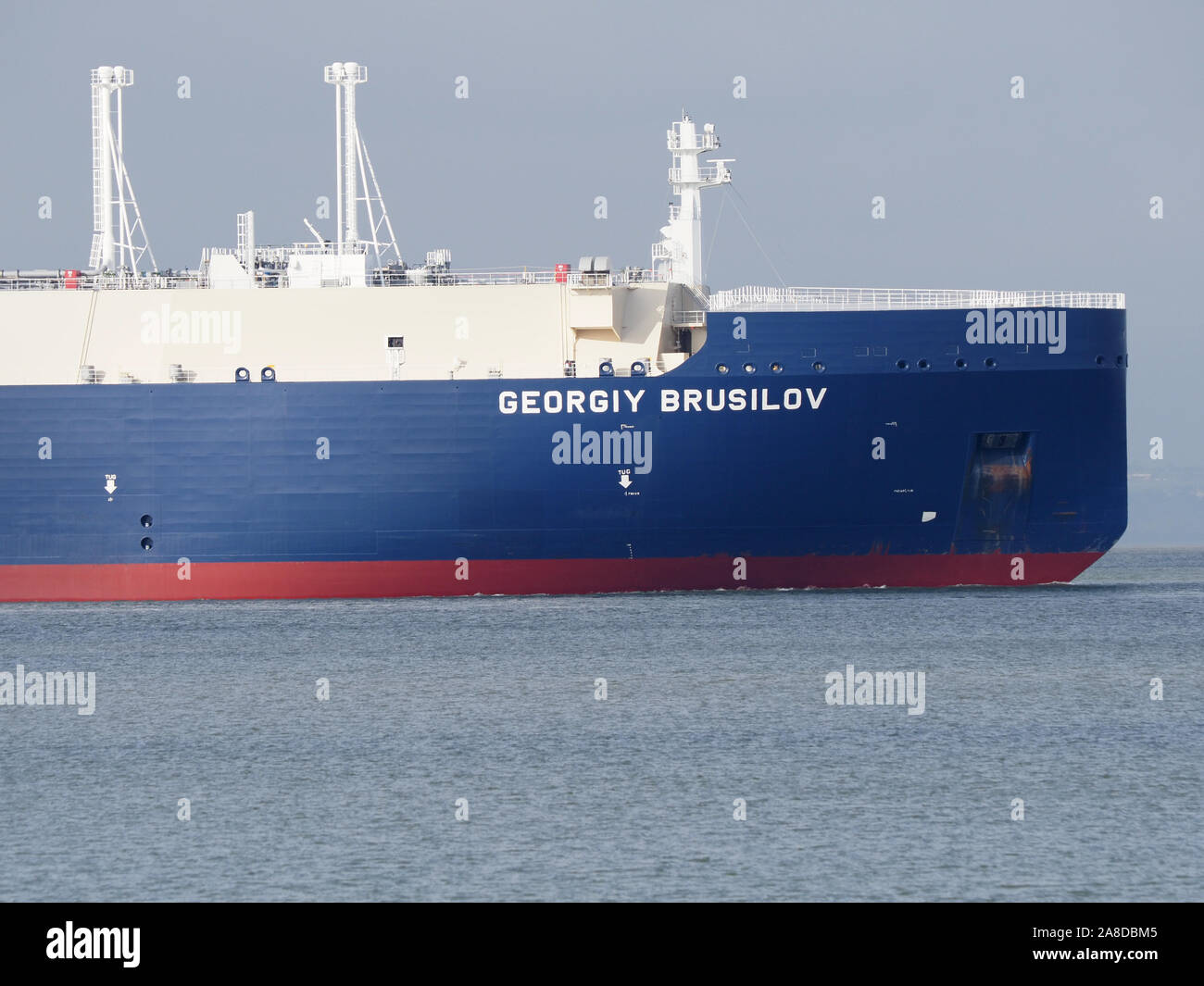 Sheerness, Kent, UK. 8th November, 2019. Russian LNG tanker 'Georgiy Brusilov' seen emerging from Sheerness docks just after leaving the National Grid's Grain LNG terminal. Grain LNG is of strategic national importance to UK energy infrastructure and is the largest LNG terminal in Europe. There has been a recent increase in visits by LNG ships as demand for gas increases as the weather turns colder. Credit: James Bell/Alamy Live News Stock Photo