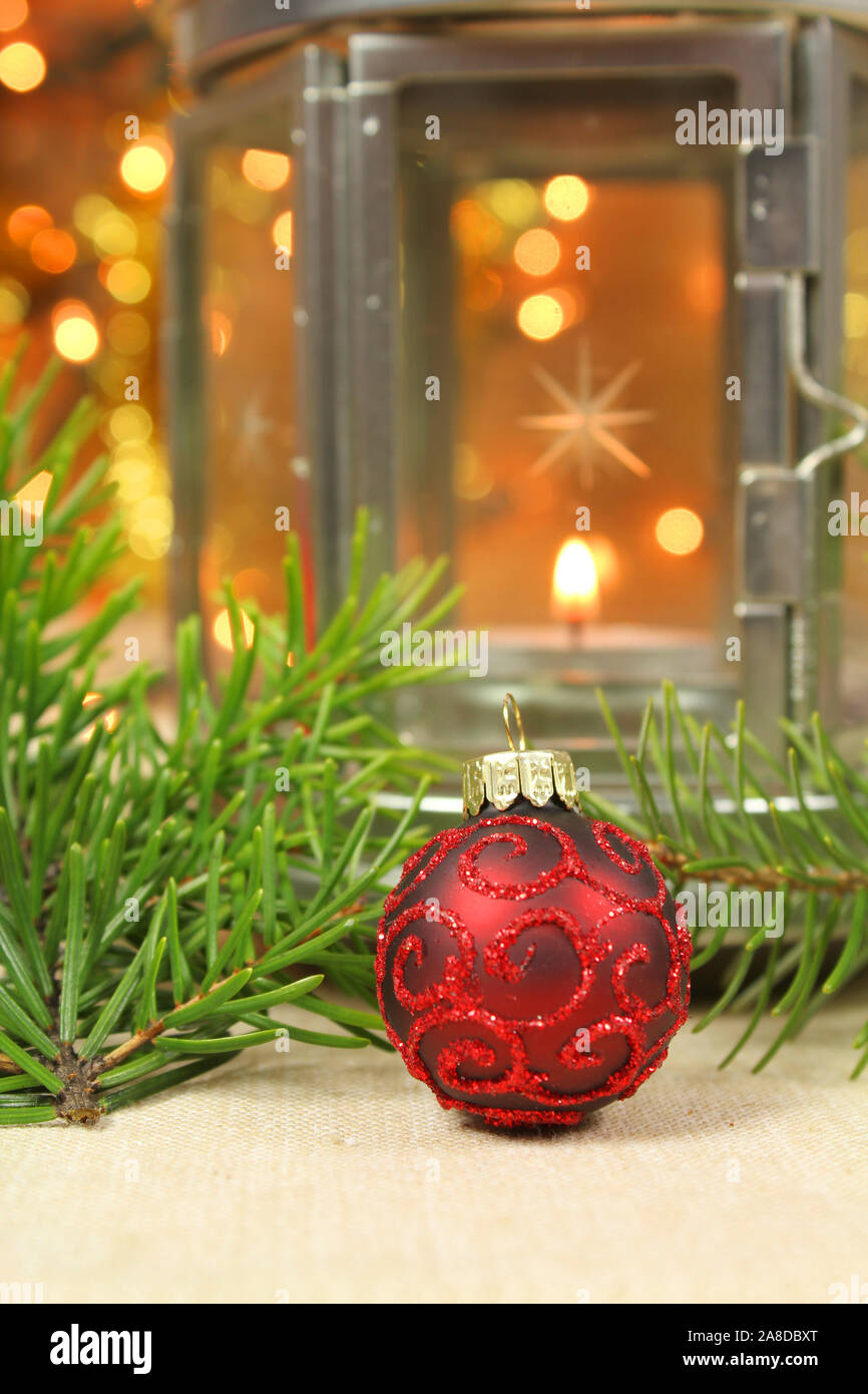 Christmas Table Decoration Red Glass Ball Lantern And Lights