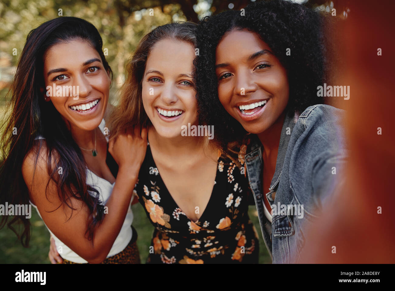 Group of happy diverse multiracial girl friends taking a selfie outdoors in the park on a sunny day smiling -  Stock Photo