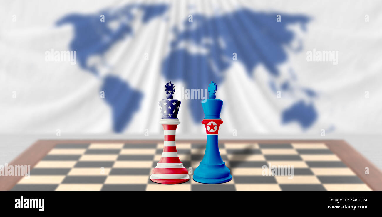American and North Korean chess kings covered with their country flags are head to head on a