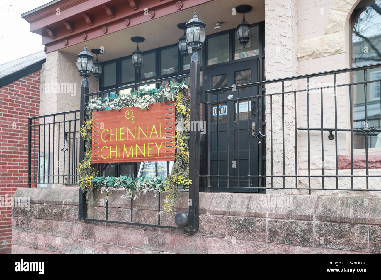 Princeton New Jersey November 11 2019:Chennai Chimney restaurant front.Set in the historic town of  Princeton, New Jersey, Chennai Chimney, an Indian Stock Photo