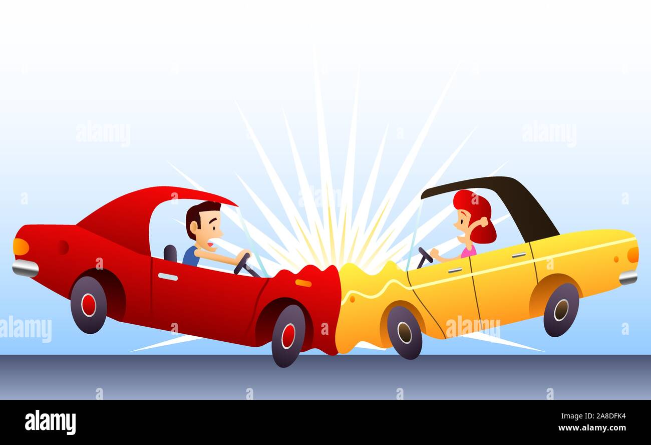 Car crash, with two cars front collide hit. Vector illustration cartoon. Stock Vector