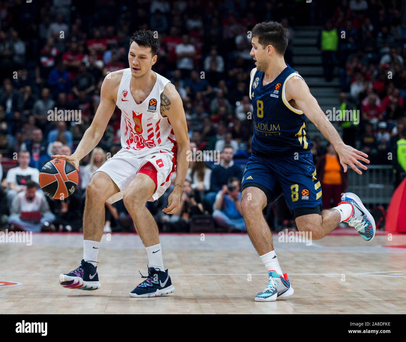 Belgrade, Serbia. 7th Nov, 2019. Nemanja Nenadic of Crvena Zvezda mts Belgrade competes against Nicolas Laprovittola of Real Madrid. Credit: Nikola Krstic/Alamy Live News Stock Photo