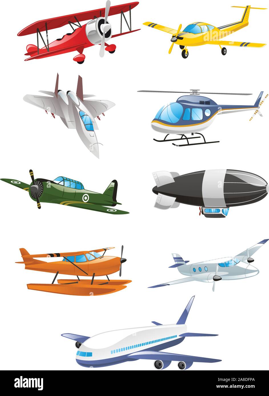 Airplane collection, with aircraft, airbus, airliner, large gasbags, airship, fixed wing aircraft, monoplane, biplane, rotary wing aircraft, gliders, Stock Vector