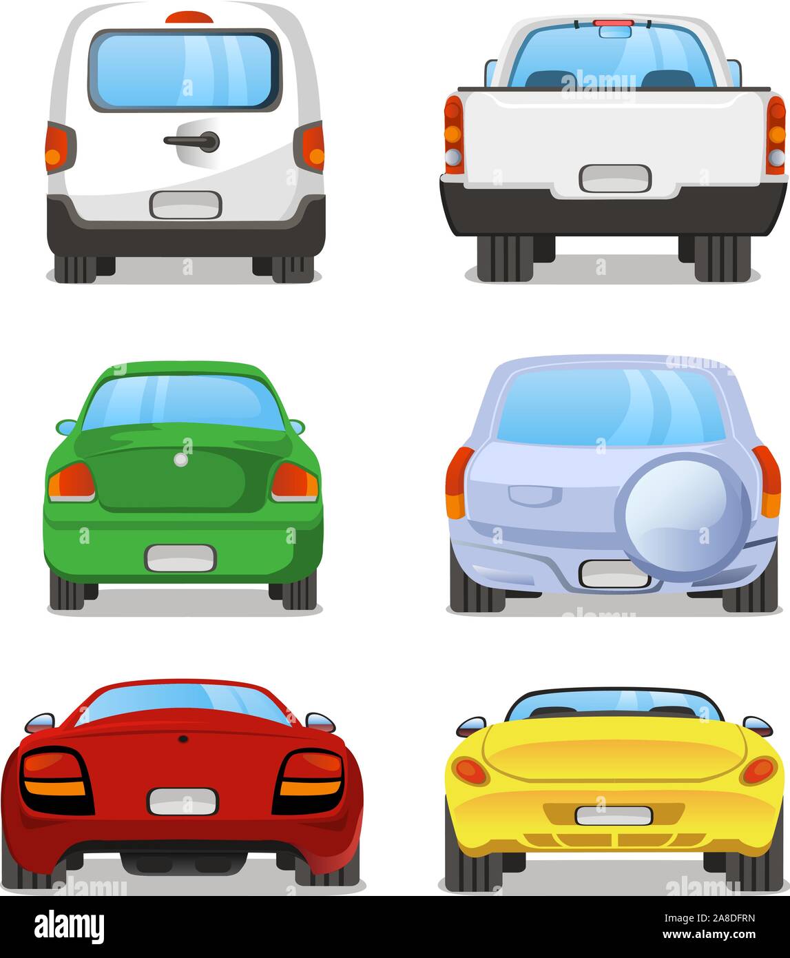 Vector cartoon Car rear set 2. With back view of six different types of car. Pick up truck, truck, mini van, station wagon, sports car, hatchback. Stock Vector