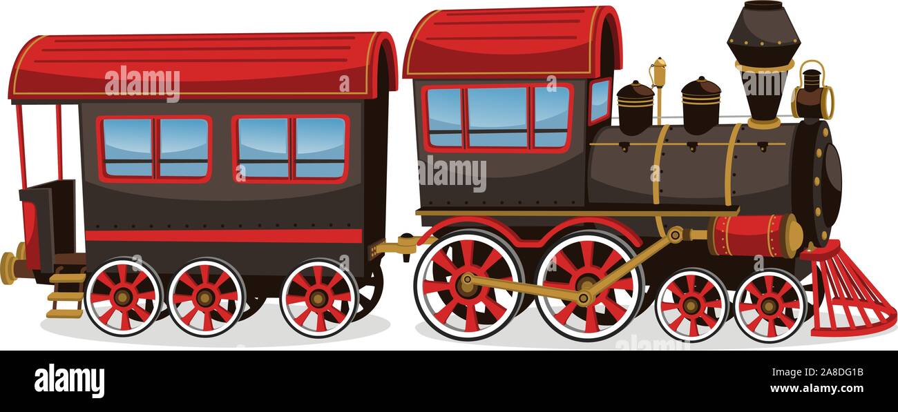 Old steam train, red and brown vector illustration cartoon. Stock Vector