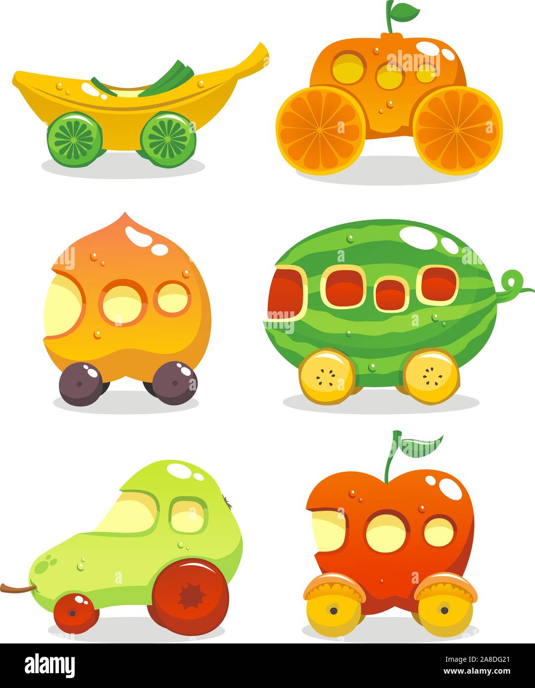 Fun set of six cars made up out of fruits Stock Vector