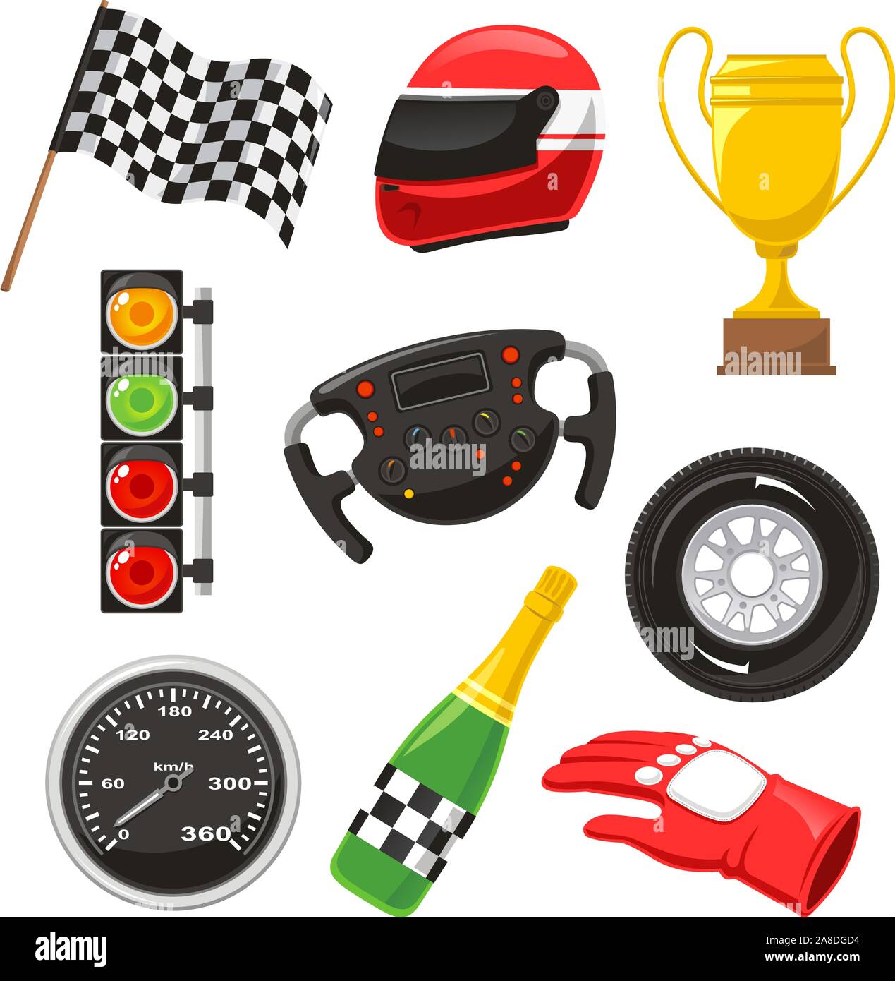 F1 race car icons, with race helmet, f1 flag, f1 speedometer, f1 gloves, f1 champagne, f1 steering wheel, f1 wheel. Vector illustration cartoon. Stock Vector