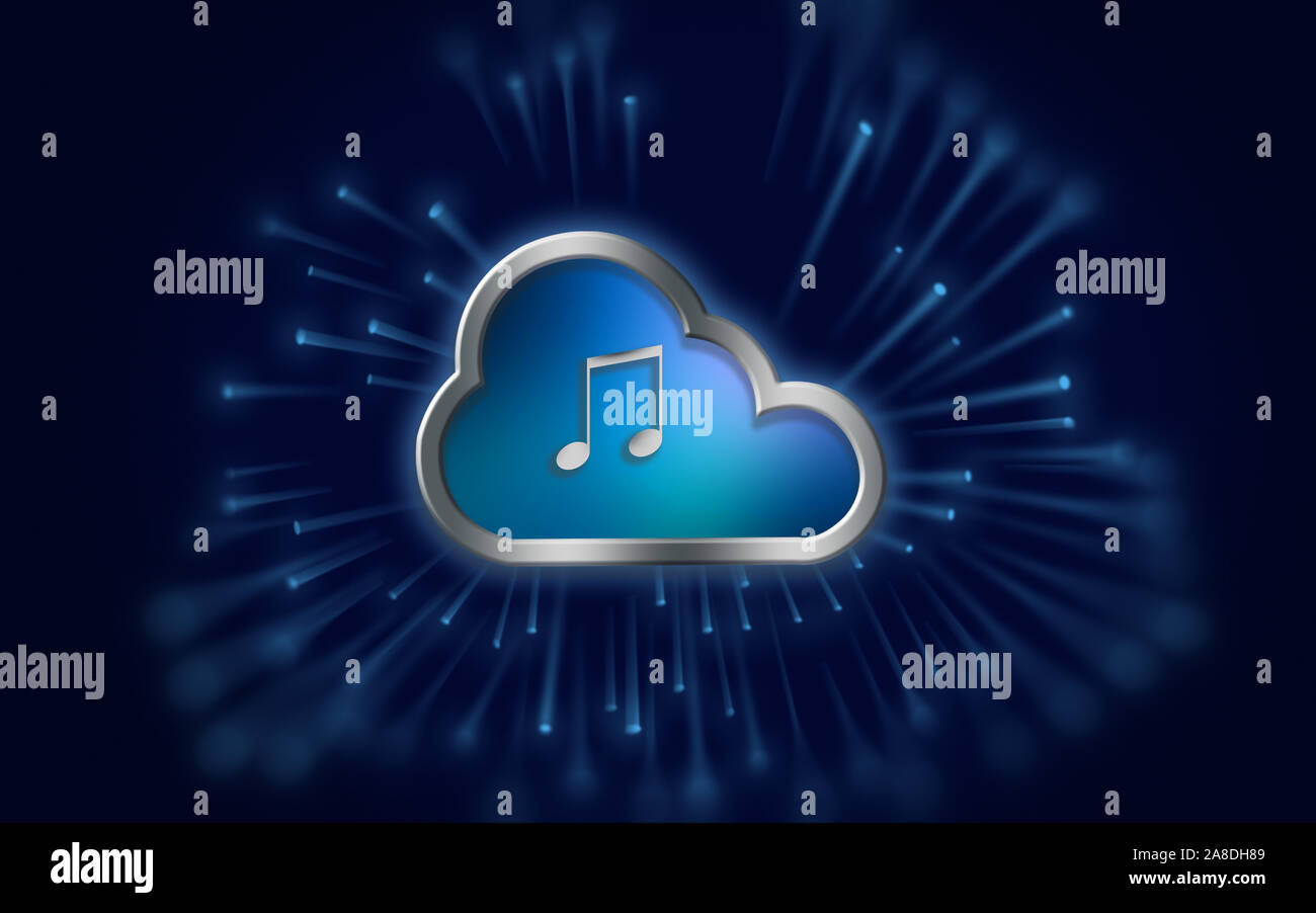 Music icon in a metallic cloud representing wireless technology on blue ...