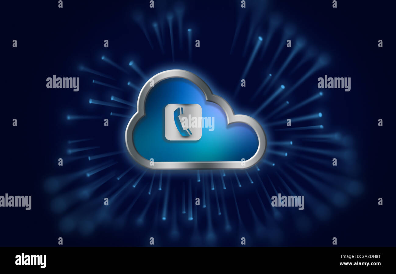 Phone icon in a metallic cloud representing wireless technology on blue ...