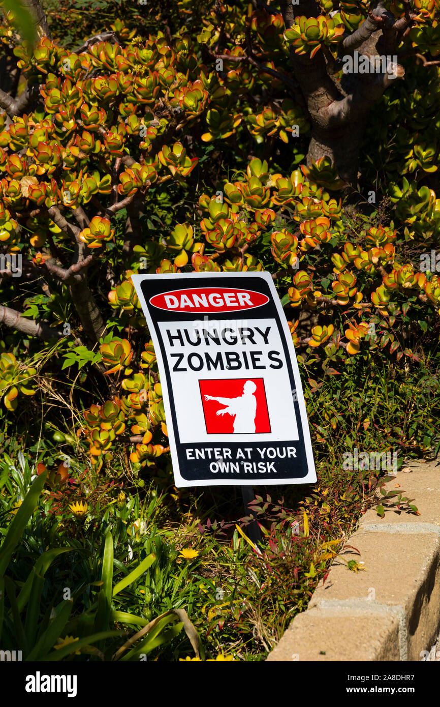 “danger, hungry zombies” halloween sign, Santa Monica, Los Angeles County, California, United States of America Stock Photo