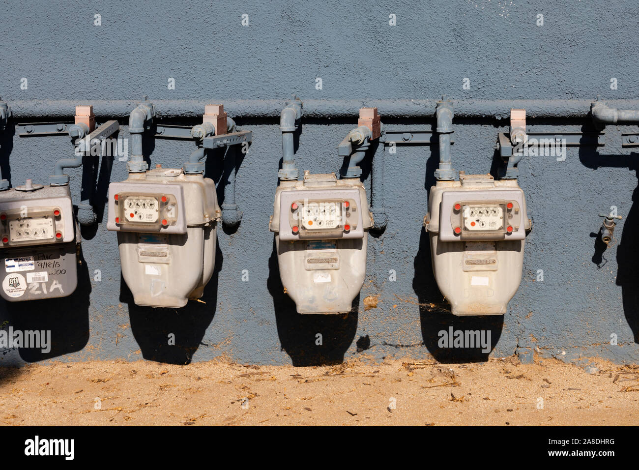 Water meters outside apartment block, Santa Monica, Los Angeles County, California, United States of America Stock Photo