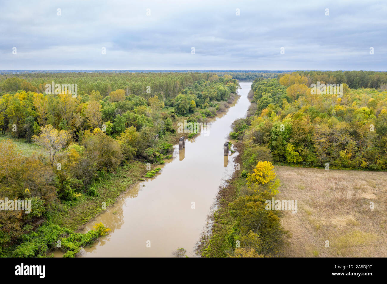 Cache River in Illinois above confluence with the Mississippi River, aerial view of fall scenery