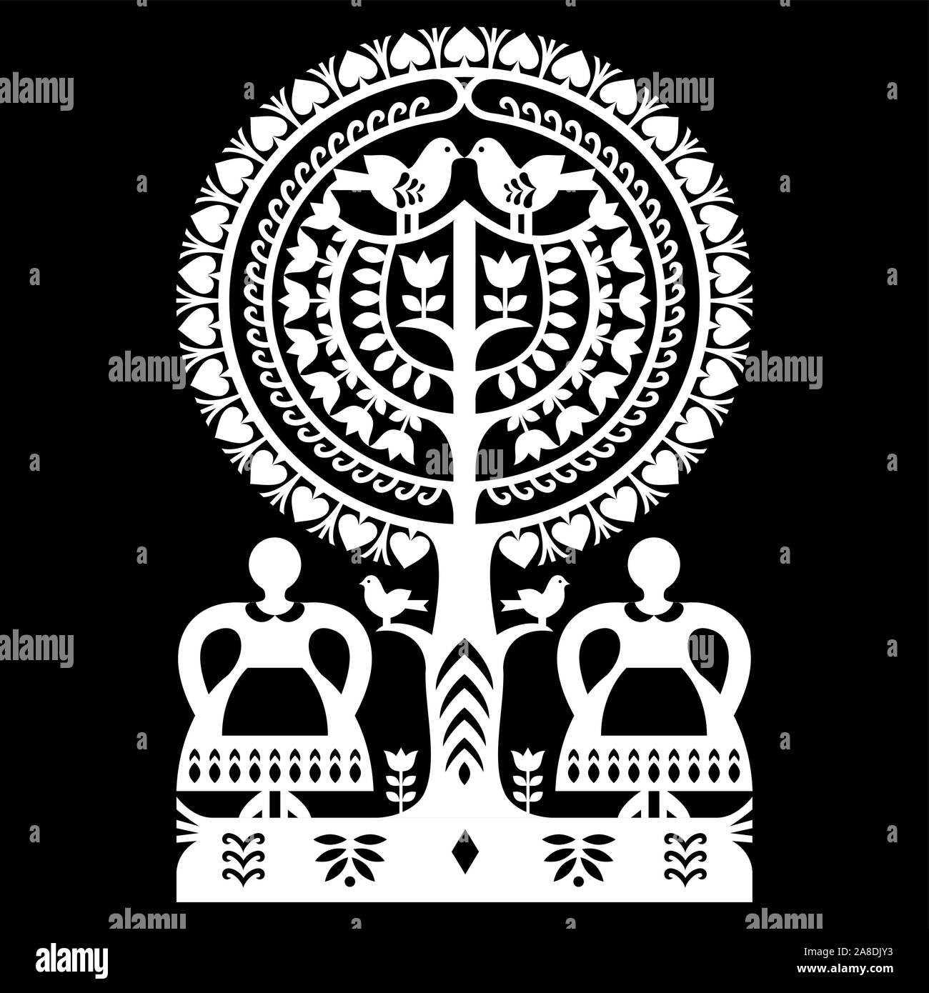 Polish folk art vector pattern Wycinanki Kurpiowskie - Kurpie Papercuts in white on black background Stock Vector
