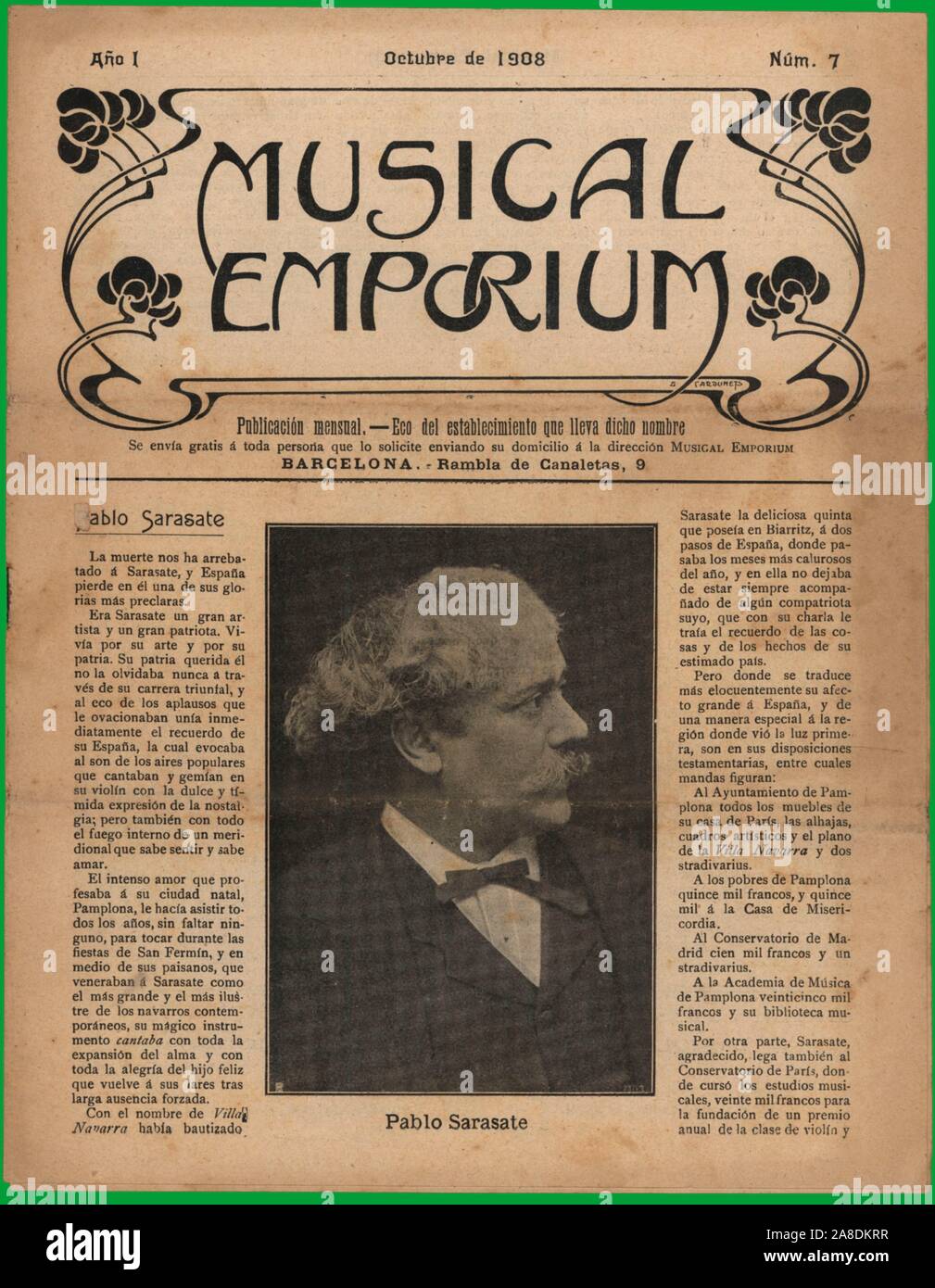 Portada de la revista mensual Musical Emporium, editada en Barcelona, octubre de 1908. Pablo Sarasate Navascues. Stock Photo