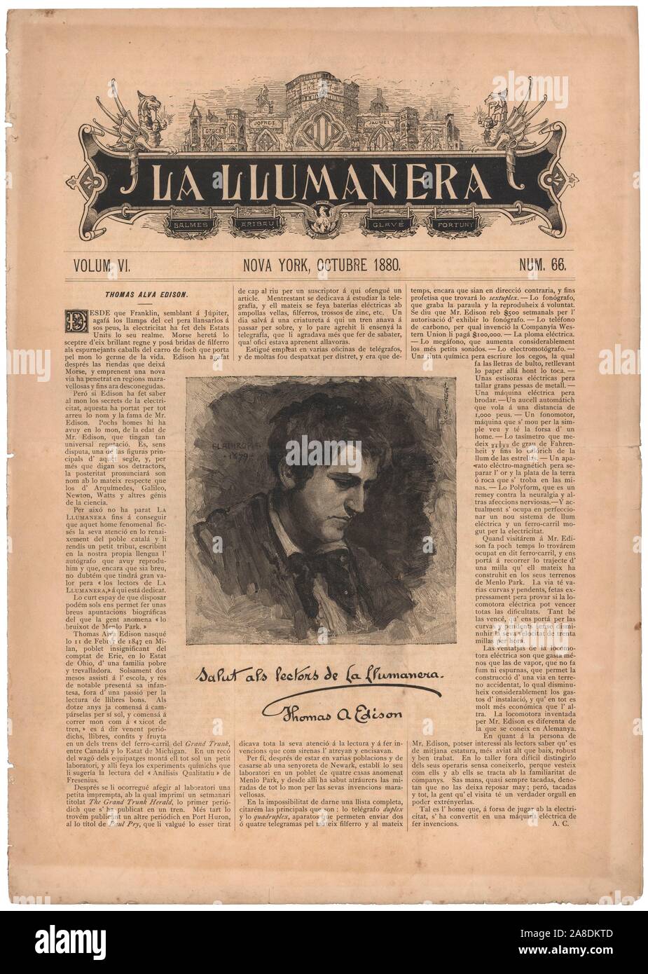 Portada de la revista catalana La Llumanera de Nova York, editada en Nueva York, octubre de 1880. Dedicatoria de Thomas Alva Edison. Stock Photo