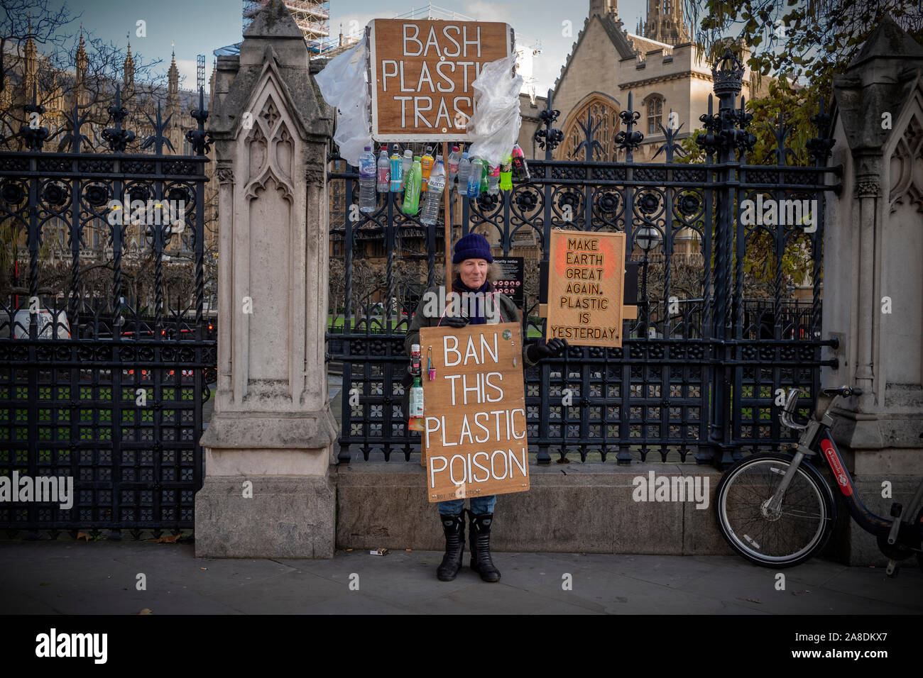 London Westminster England 8 Nov 2019 Prostest against use of Plastic outside the Houses of Parliament. Mr Robert Unbranded from east London who has been protesting against all uses of Plastic since Feb 2019 out side the Houses of Parliament in Westminster London UK. Credit: BRIAN HARRIS/Alamy Live News Stock Photo