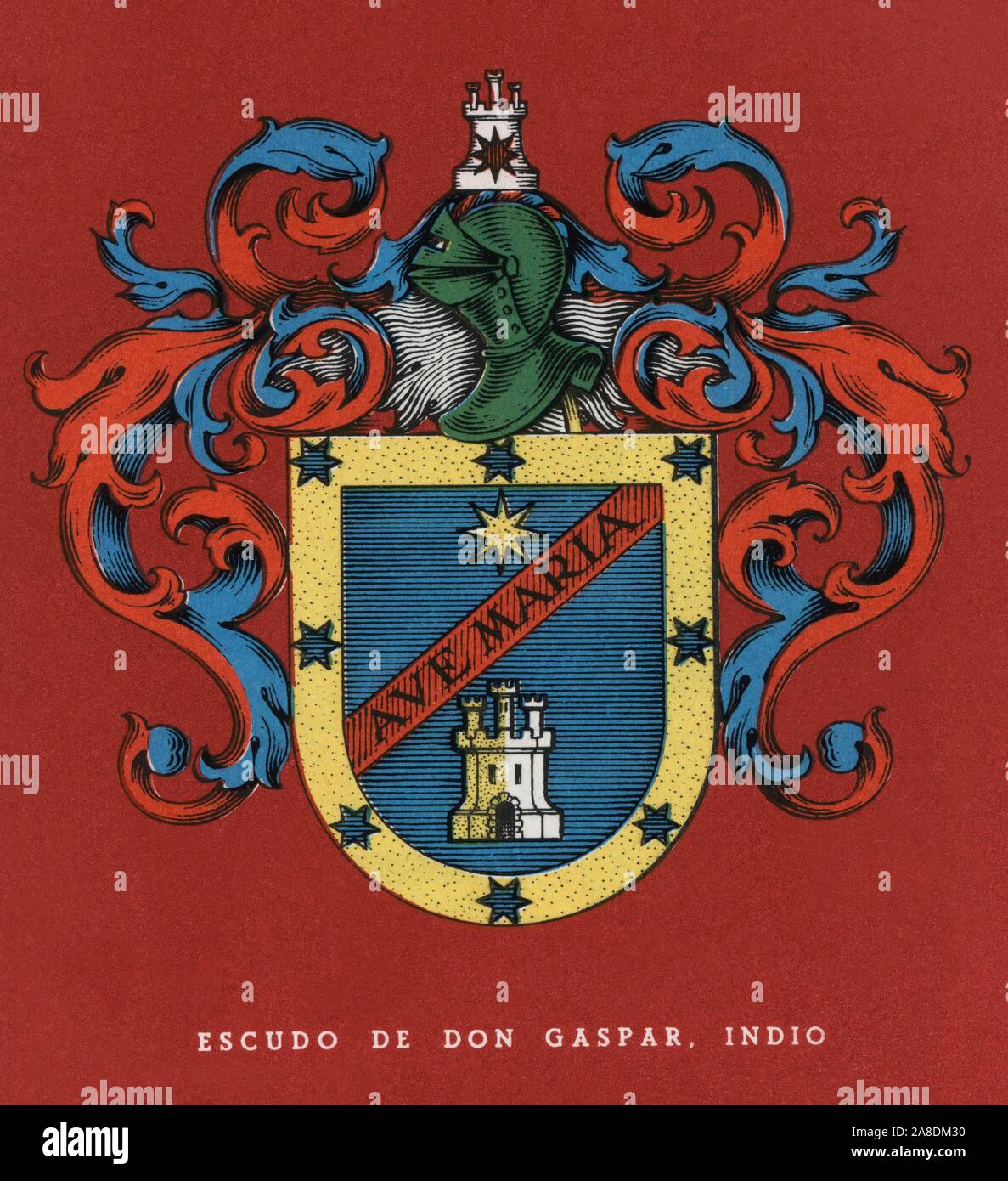 Heráldica. Escudo nobiliario del indio don Gaspar Jurado, escribano de cámara de la Real Audiencia de Lima. Año 1948. Stock Photo
