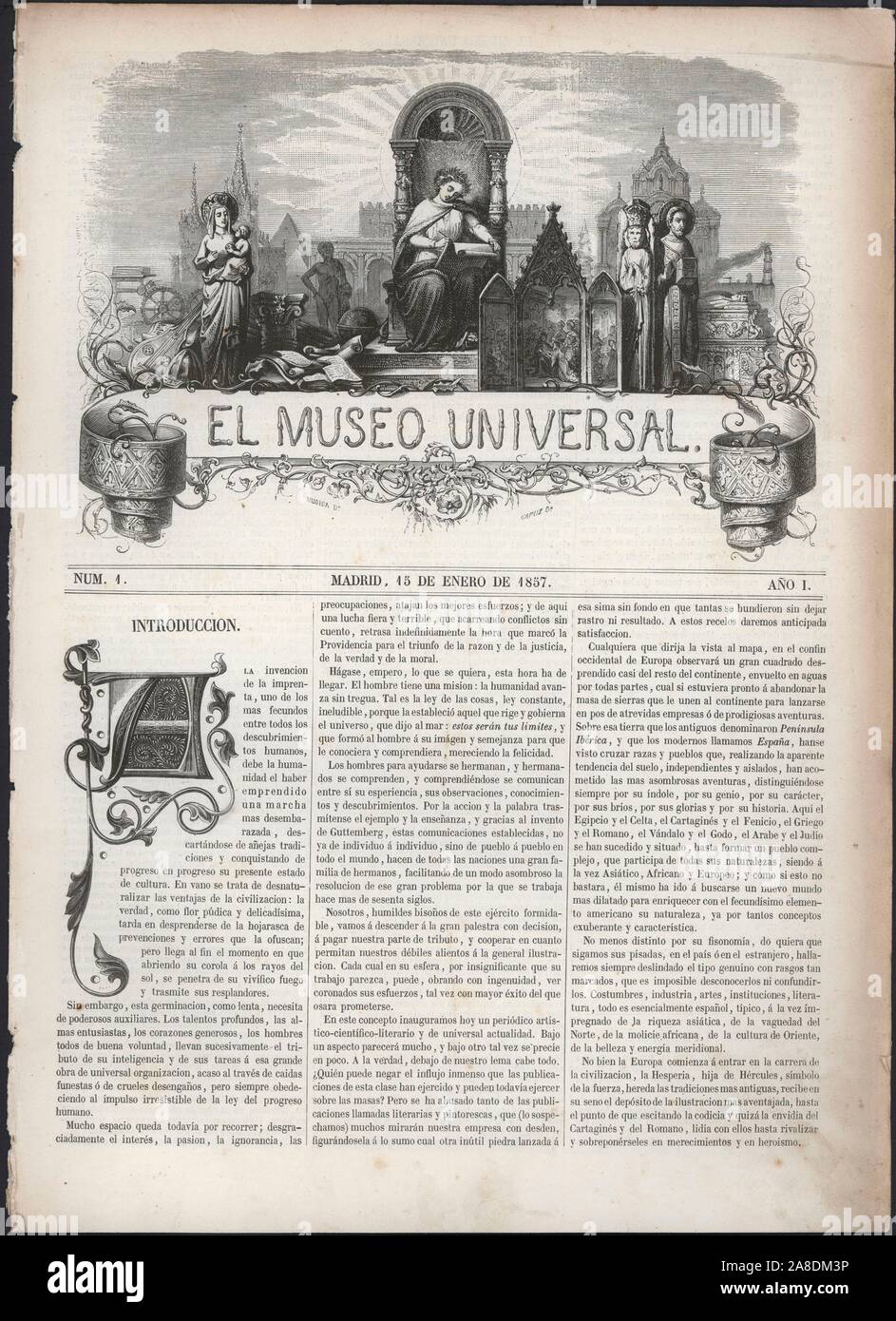 Portada de la revista El Museo Universal, número uno, editada en Madrid, enero de 1857. Stock Photo